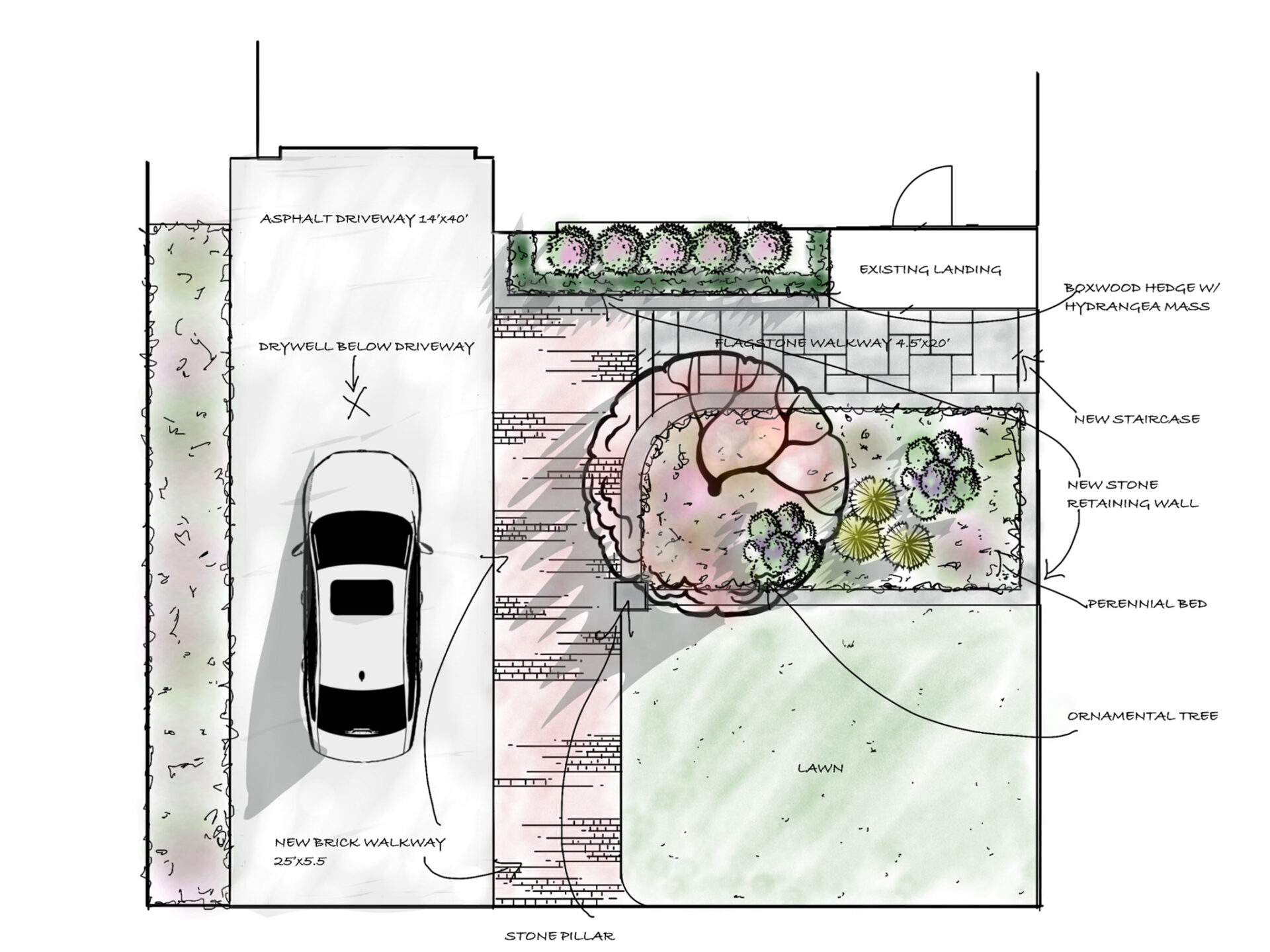 This image is a colored landscape design plan featuring an asphalt driveway, plant beds, a new staircase, retaining wall, brick walkway, lawn, and an ornamental tree.