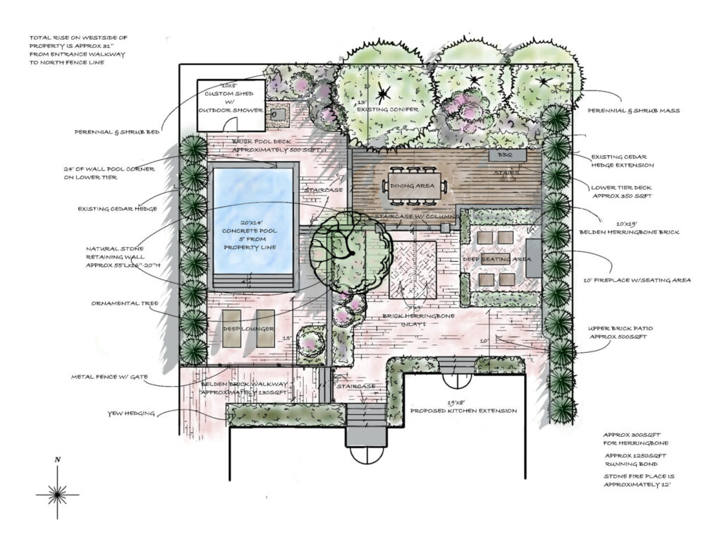 An architectural landscaping plan showing a detailed backyard design with pool, dining areas, garden beds, and proposed building extensions.