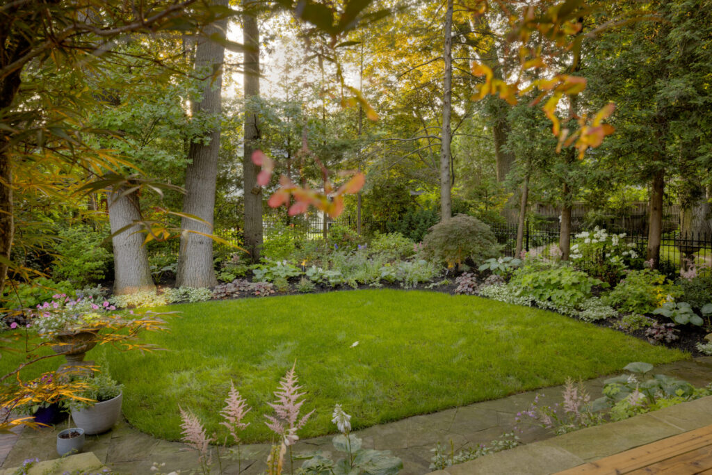 A serene garden with lush green grass, surrounded by dense foliage, tall trees, blooming flowers, and a neatly edged border. A peaceful outdoor space.