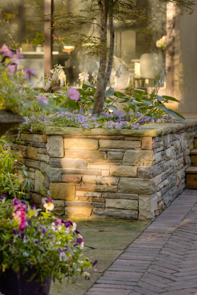 A landscaped garden with a stone retaining wall and planter filled with purple flowers. Paved path and reflections of interior furniture in glass.