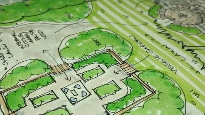 Hand-drawn landscape design sketch featuring green tree canopies, pathways, and labeled garden sections, showcasing a draft concept for a park or yard.