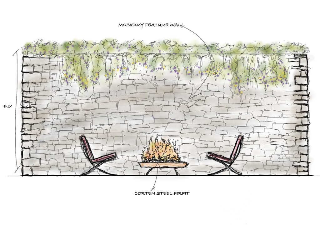 This image shows a sketch of a feature wall with hanging plants and a corten steel fire pit flanked by two chairs, indicating an outdoor setting.